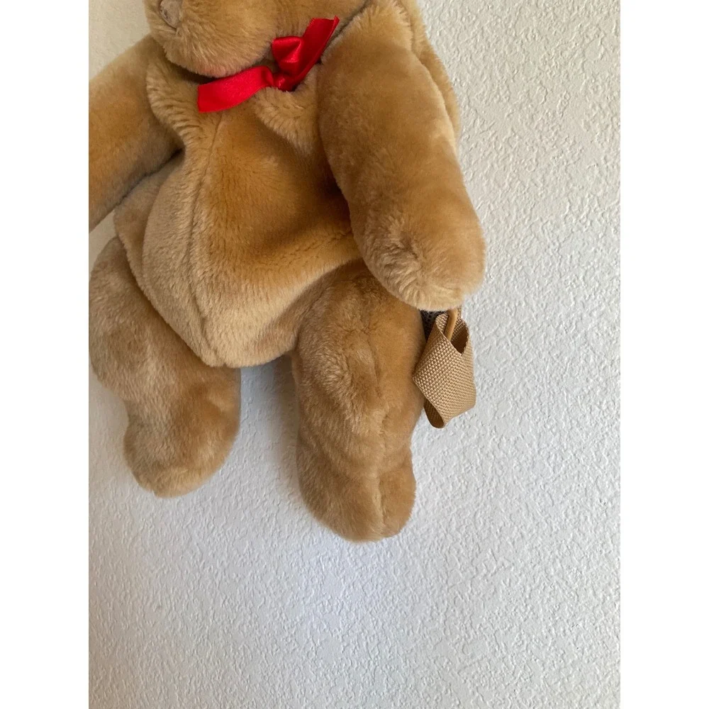Vintage Plush Teddy Bear Backpack Tan Brown Faux Fur Red kawaii Bow Novelty Bag